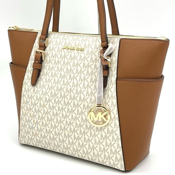 Michael Kors Charlotte Large Top Zip Tote Bag Vanilla/Brown (NWT)